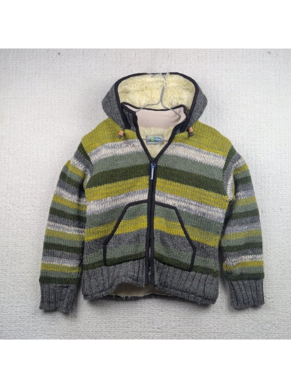 Laundromat Hood Sweater Hand knitted Wool Canada Sherpa Striped Sz S Fisherman